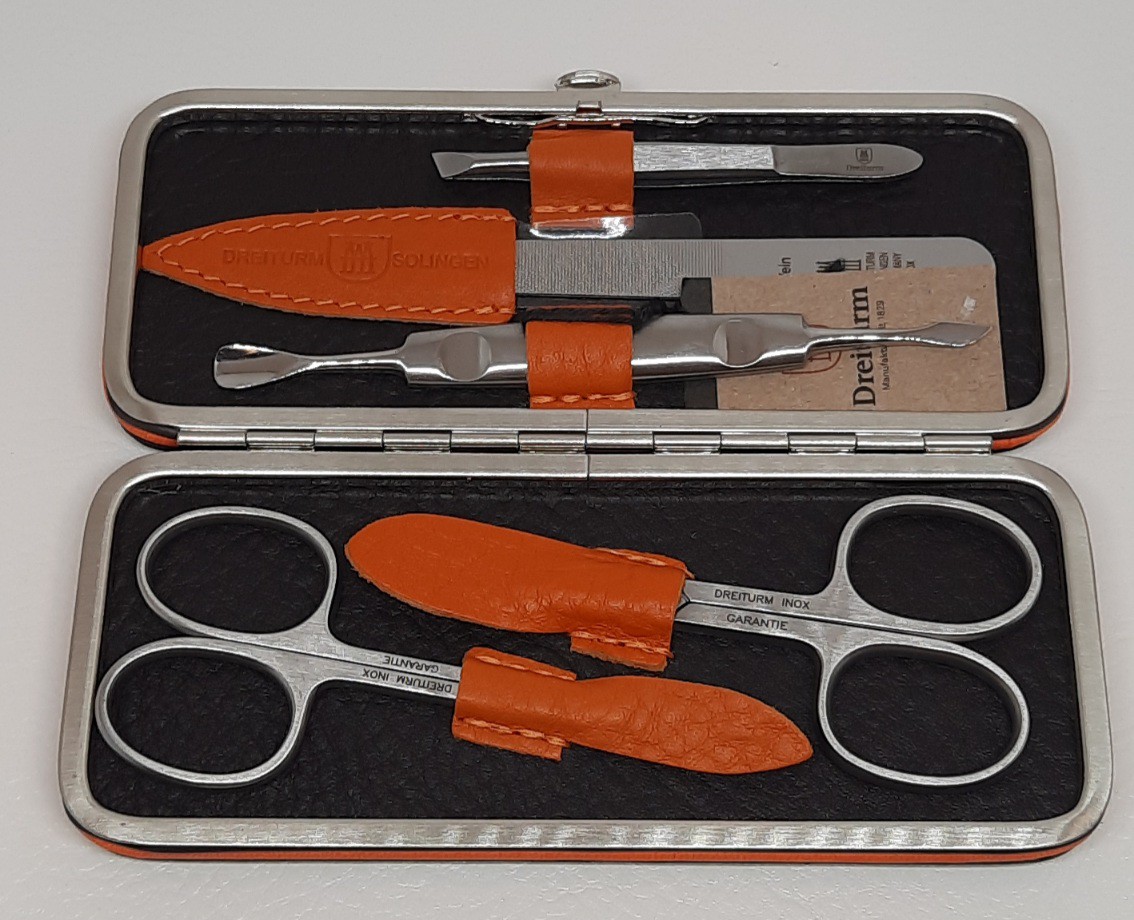 Rahmenetui braun/Orange Leder 5tlg.bestückt Haut- und Naglschere,Stahlpfeile,Pinzette,Reiniger 