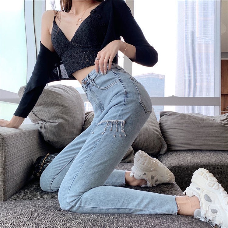 Kog378 Light Blue Spring Wind Hole High Waist Jeans Female New Fashionable Western Style Tight Joker Feet Pants Tide