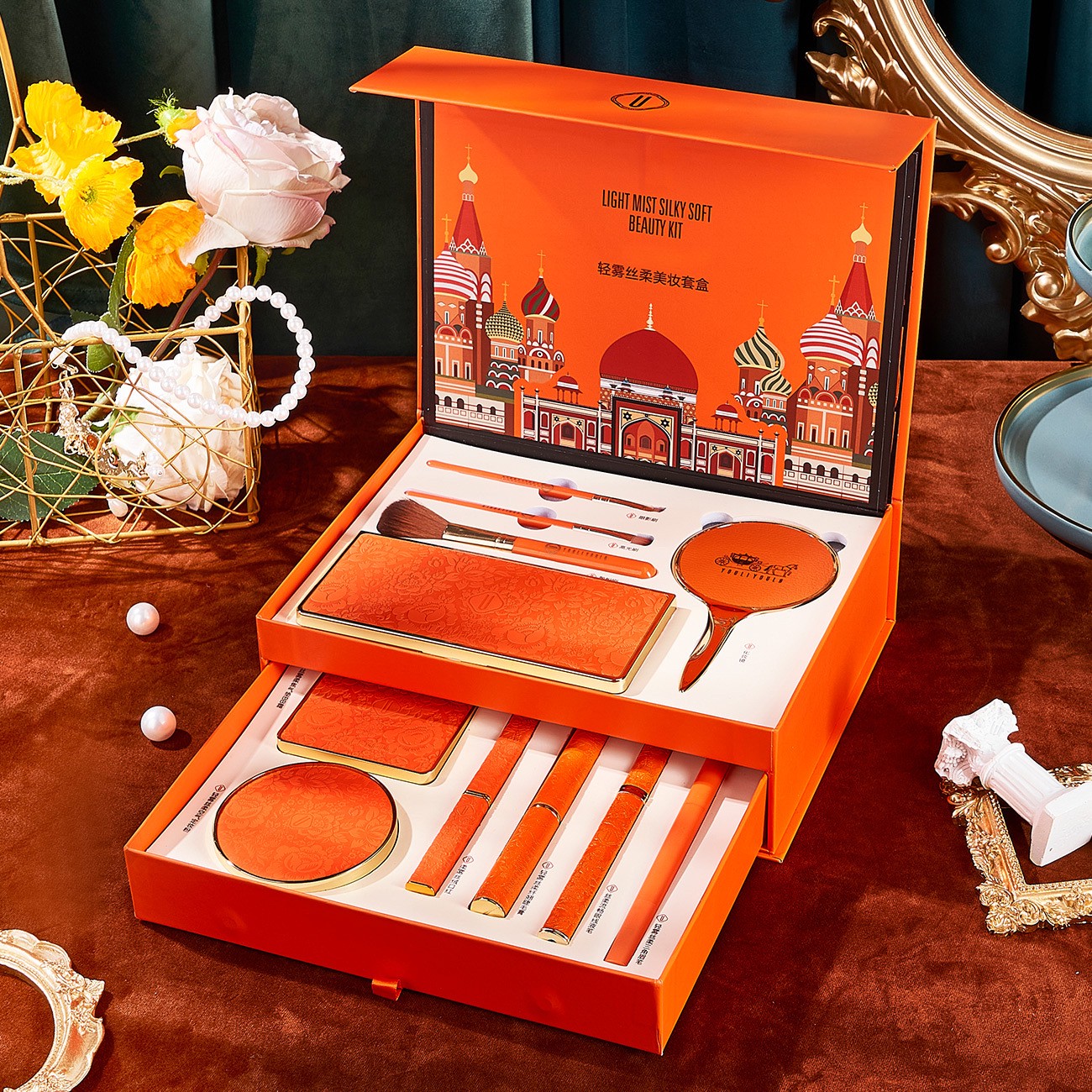 Ensemble de cosmétiques de maquillage coffret cadeau chinois velours rouge à lèvres liquide Eyeliner coussin d'air BB crème ombre à paupières ens