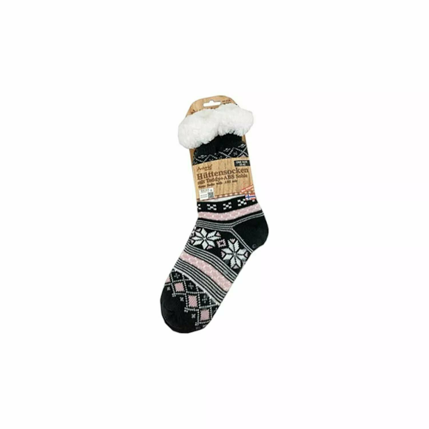 Hüttensocken » Kuschelsocken » Anti Rutsch Socke » Winter Hausschuhe » Strick Fleece in grau/rosa/weiß - Motiv 1