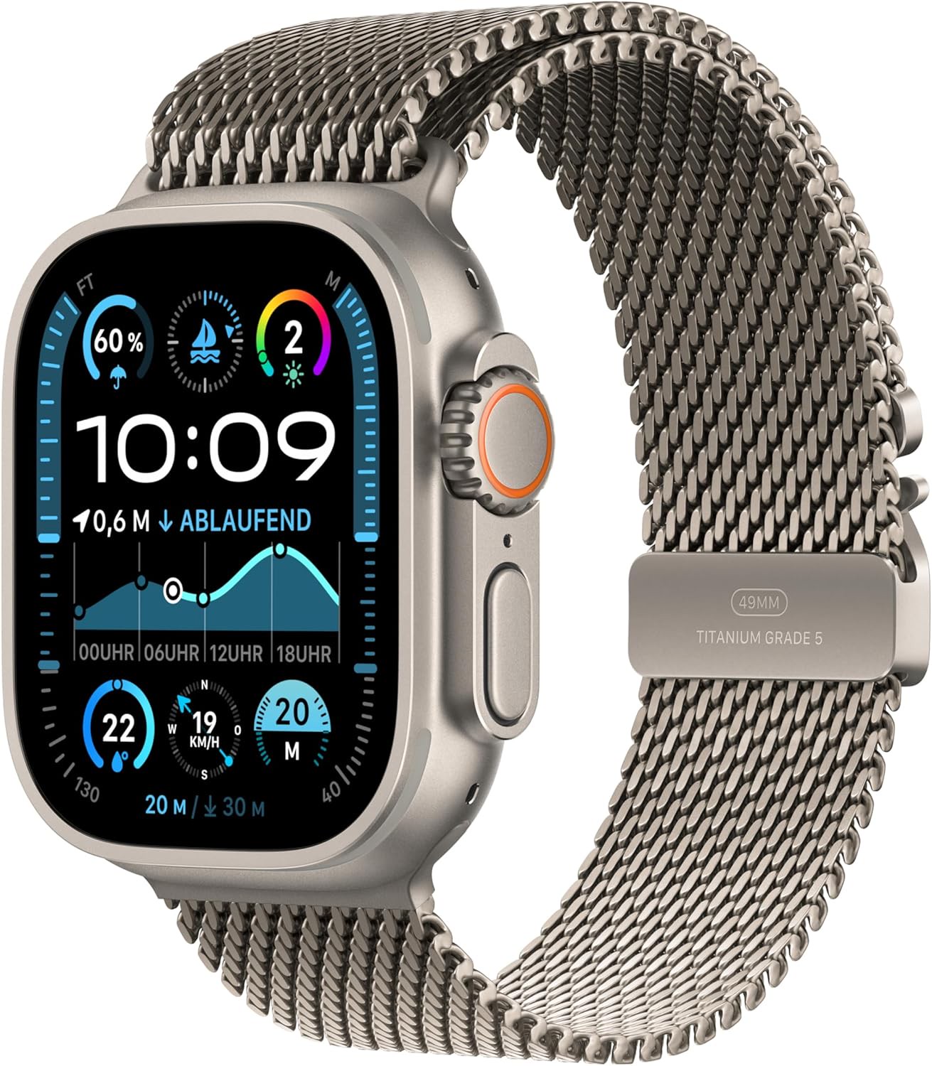 Apple Watch Ultra 2 [GPS + Cellular inkl. Milanaise-Armband M Natur] 49mm Titangehäuse Natur