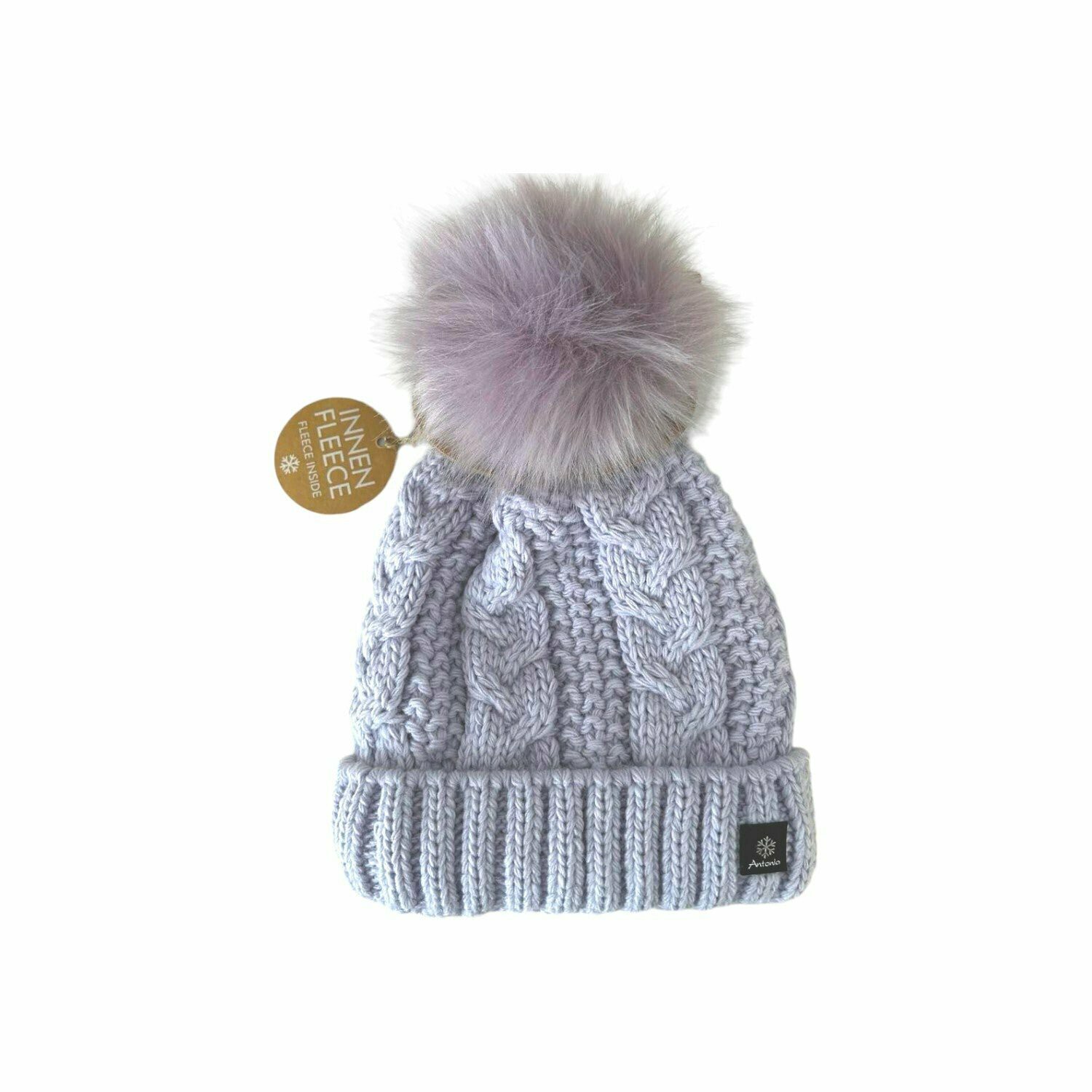 Strickmütze für Damen » gefütterte Wintermütze mit Fleece » Bommelmütze » Damenmütze mit Zopfmuster - Lila