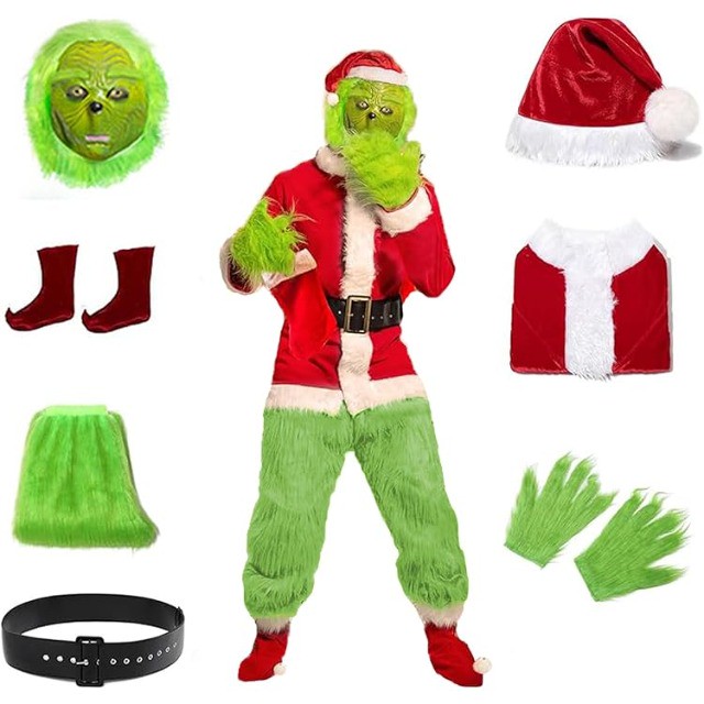 Mrsclaus 9pcs Grünes Monster Weihnachtsmann Kostüm für Männer 