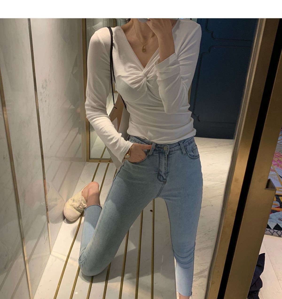 Kog370 Light Blue New Paragraph Shallow Blue High Waist Jeans Feet Pants Women Cultivate One'S Morality Show Joker Nine