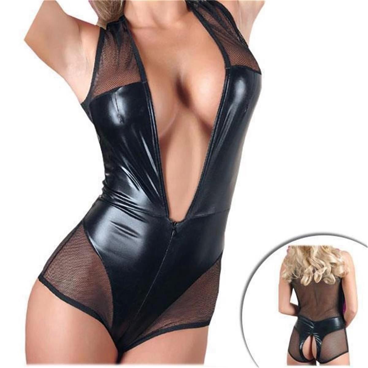 Body S ärmelloser Body Wetlook und Netz Damen-Dessous Reizwäsche Body in Schwarz