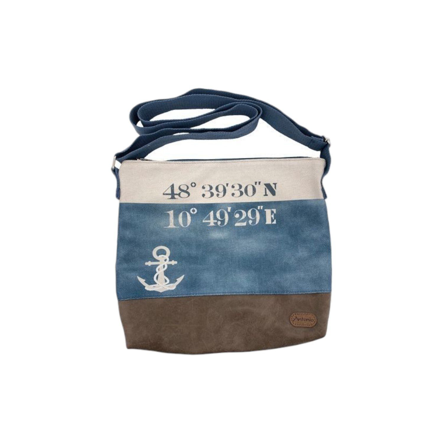 Damen Umhängetasche » Maritimer Vintage Stil » Weiß/Blau/Braun ca. 28 x 32 cm » Damen Handtasche » maritime Tasche mit Schultergurt - Koordinaten