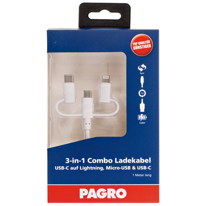 PAGRO 3-in-1 Combo Ladekabel USB-C auf Lightning, Micro-USB & USB-C weiß
