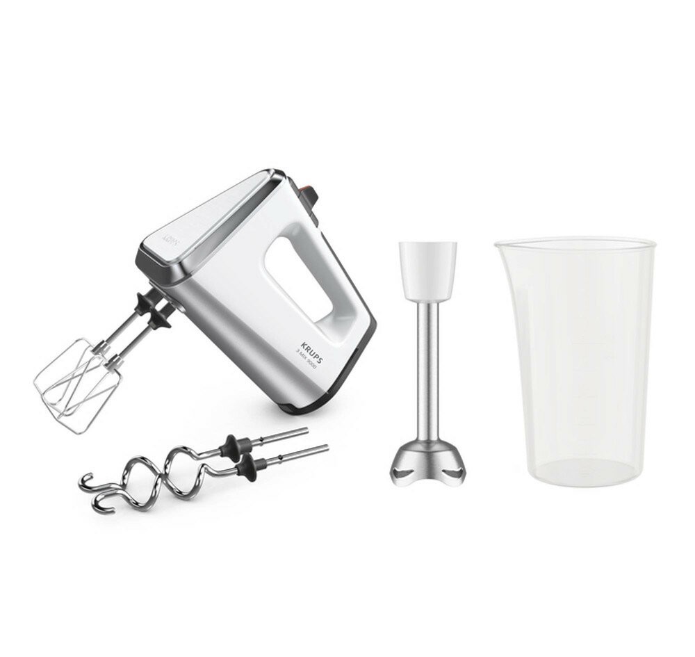 KRUPS 3 Mix 9000 GN9121 Handmixer (750 Watt, variabler Geschwindigkeitsregler, Turbo, Auswurffunktion, Edelstahl Schneebesen, Edelstahl-Knethaken, Pürierstab-Aufsatz, Messbecher, Farbe Weiß-Silber)
