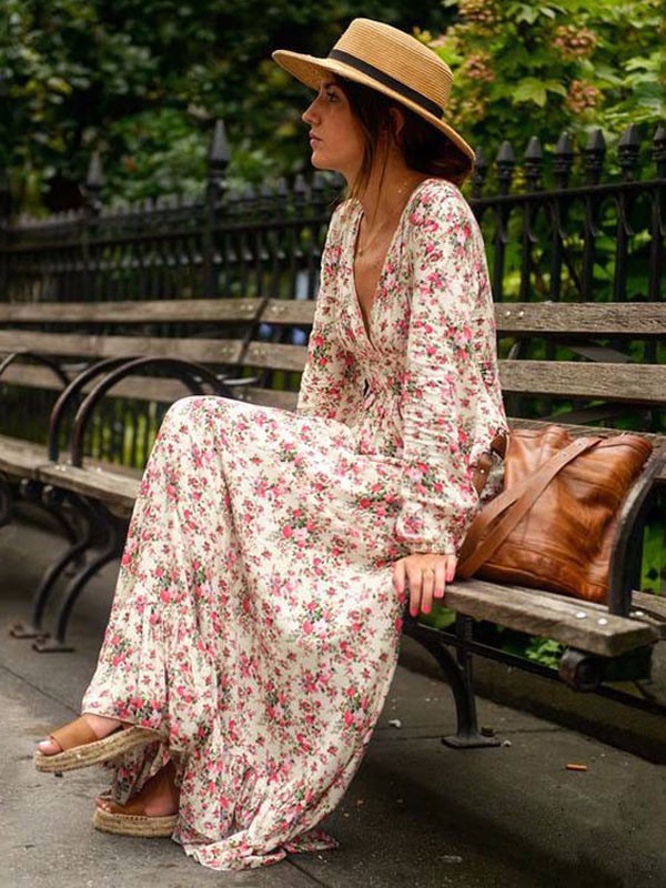 Maxikleid Rosa Sommerkleider lang mit Print Langarm Damenmode maxi kleid V-Ausschnitt gemischten Baumwollen und Falten und Rüschen für Sommer Kleider