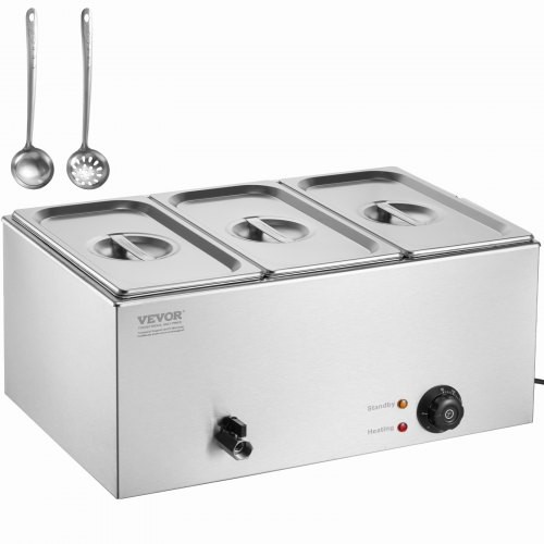 VEVOR kommerzieller Speisenwärmer 16,5 L Speisebehälter 3 x 1/3 Größe, elektrische Warmhalteplatte, 1200 W professionelles Buffet-Wasserbad aus Edelstahl , Buffet-Bain-Marie, 30–85 °C Silber