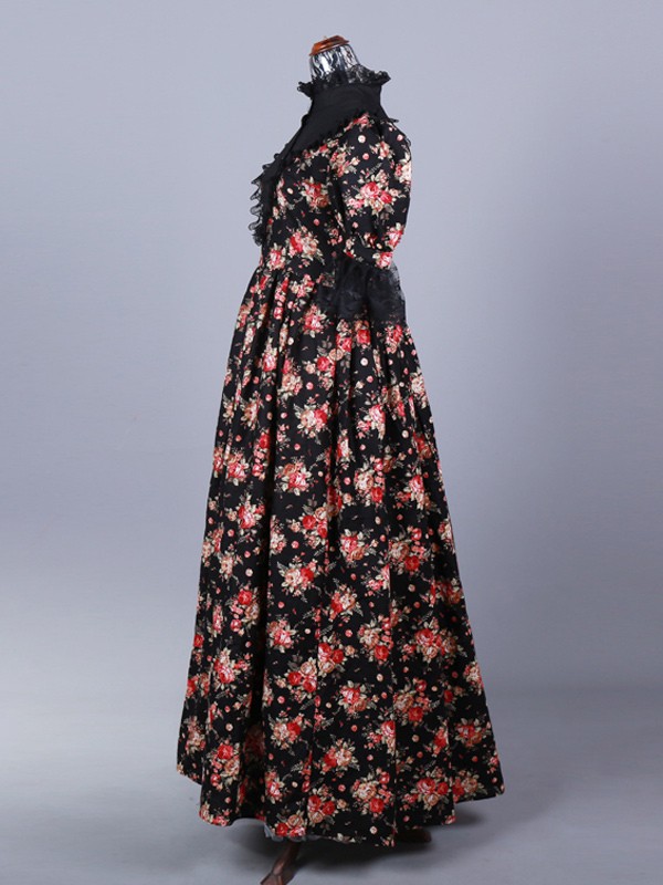Schwarzes Retro-Kostüm Spitzenkleid aus Polyester mit Blumendruck Marie-Antoinette-Kostüm Retro-Set für Damen Kostüm aus dem 18. Jahrhundert