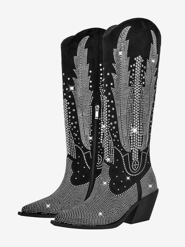 Schwarze Westernstiefel mit spitzer Zehenpartie und Strasssteinen flache kniehohe Stiefel