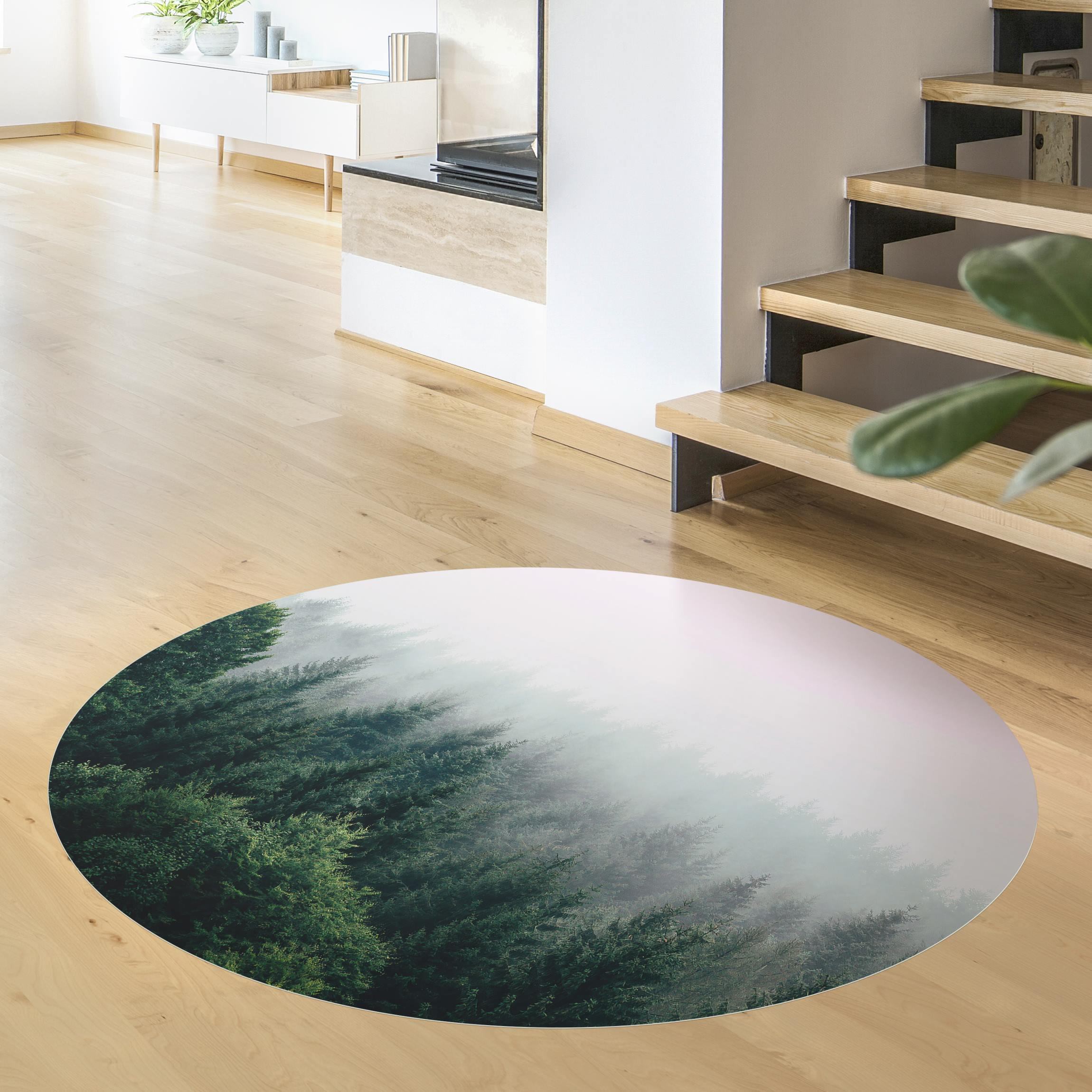 Runder Vinyl-Teppich Wald im Nebel Dämmerung