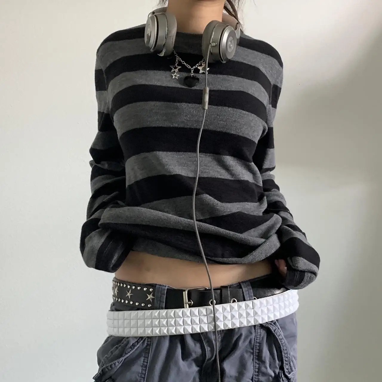 Women Fairy Grunge Knit Basic Shirt Autumn Y2K Grey Black Striped Long Sleeve Round Neck Tops Emo Tee 241010