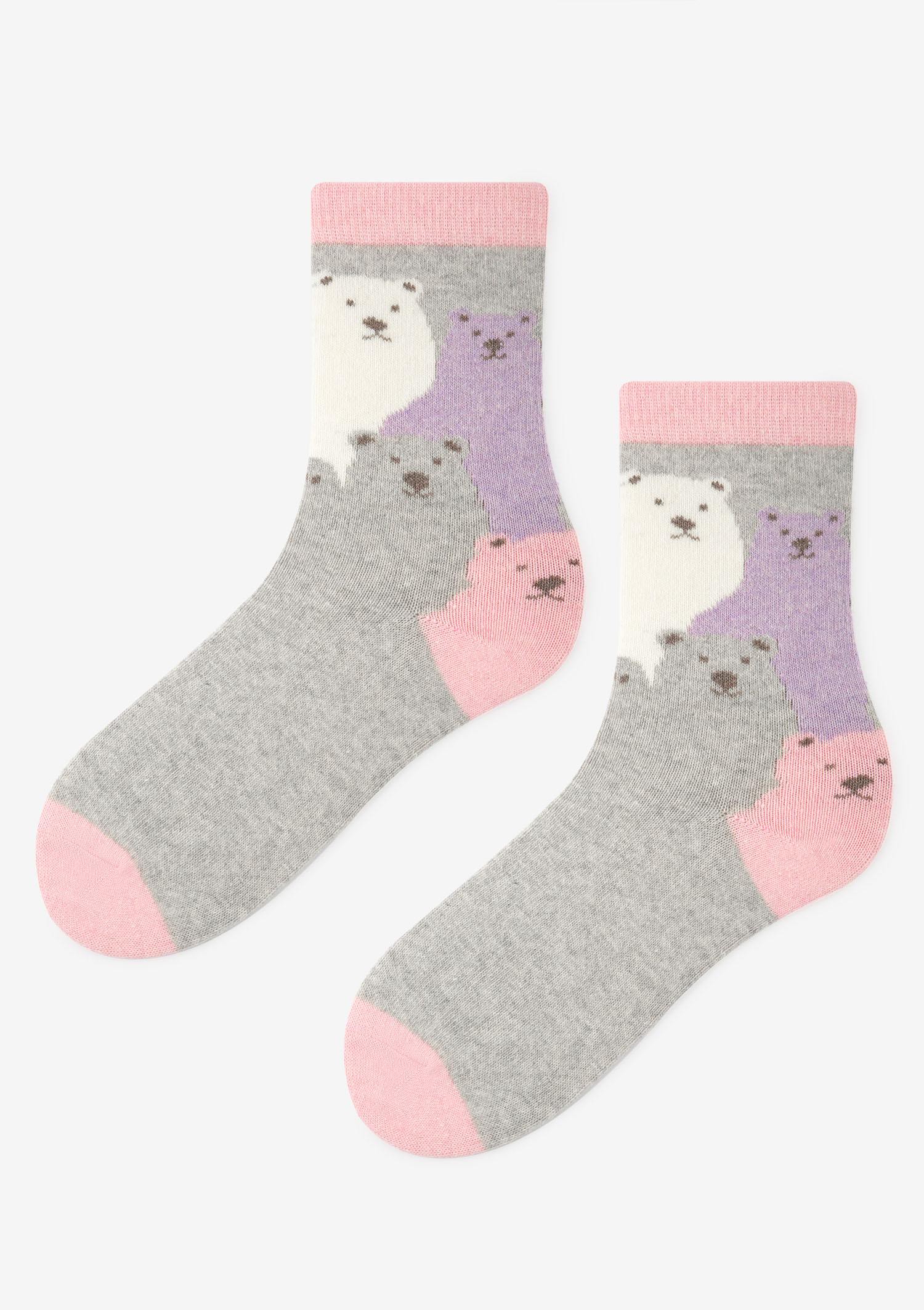 Damen Angora Socken mit einem Bild von Teddybären grau und rosa D34 Marilyn