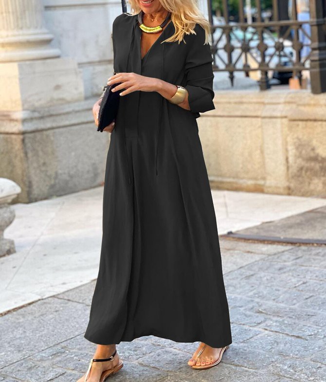 Damen Lässig Unifarben Frühling/Herbst Polyester Mikroelastizität Maxikleid Langarm H-Linie Nein Kleider