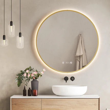 Runder LED-Badezimmerspiegel mit Uhr, Anti-Beschlag & dimmbarem Licht