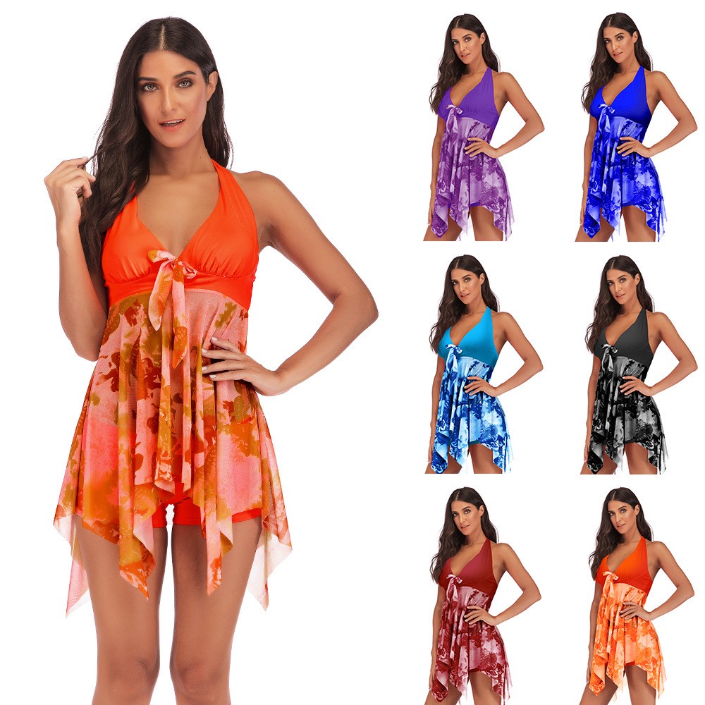 Women's Push Up Two Piece Bikini Swimsuits Plus Size Split Skirt Swimsuit Lace-up Breathable Swimsuit Padded Swimwear Bathing Suits