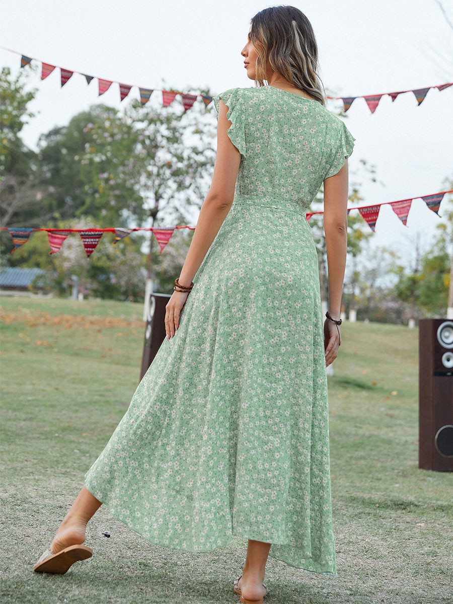 Maxikleid Kurzarm Sommerkleider lang Hellgrün Damenmode V-Ausschnitt mit Print für Sommer maxi kleid und Openair Polyester Kleider