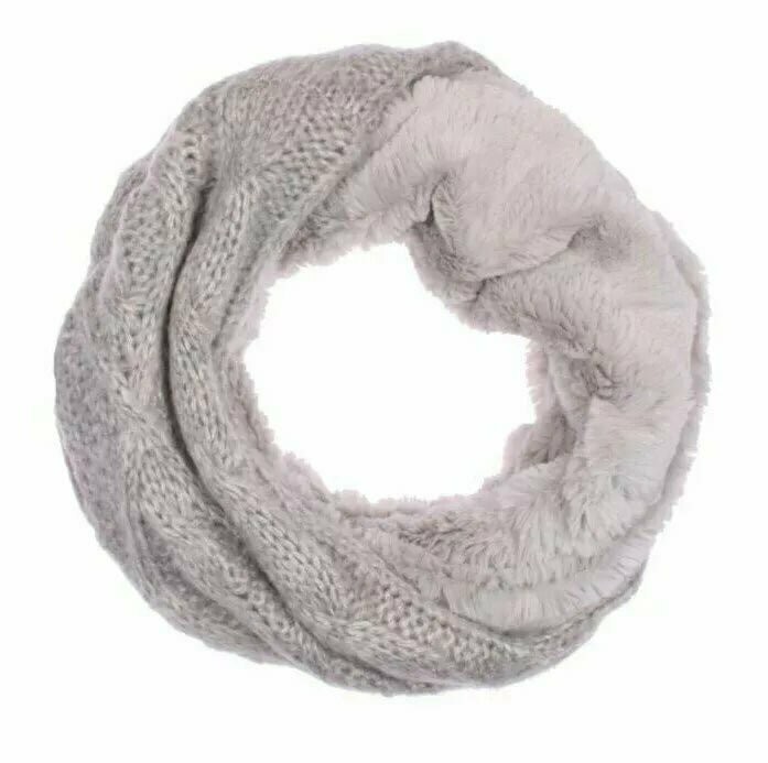 Winter Damen Loop Schal » Loopschal mit Wendemöglichkeit » Strickschal mit Fell » Damenschal warm und flauschig - Grau