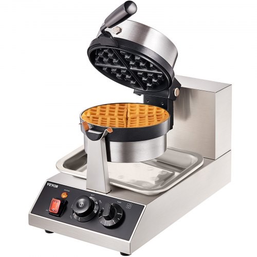 VEVOR Rundes Waffeleisen Waffel 1300 W, Kontaktgrill Belgische Waffeleisen 4 Stk. Edelstahl Waffeln Automat inkl. Lebensmittelclip & Bürsten & Verbrühungssicherer Griff, für Cafés, Restaurant usw.