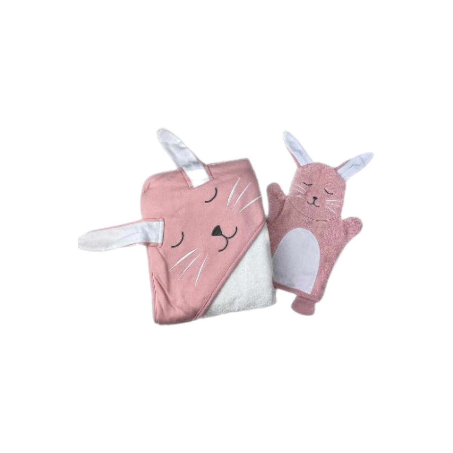 2er Pack Baby Badeset » Kinder Kapuzen Badetuch & Waschhandschuh Frottee » reine Baumwolle » Wasch Handschuh & Handtuch - Hase