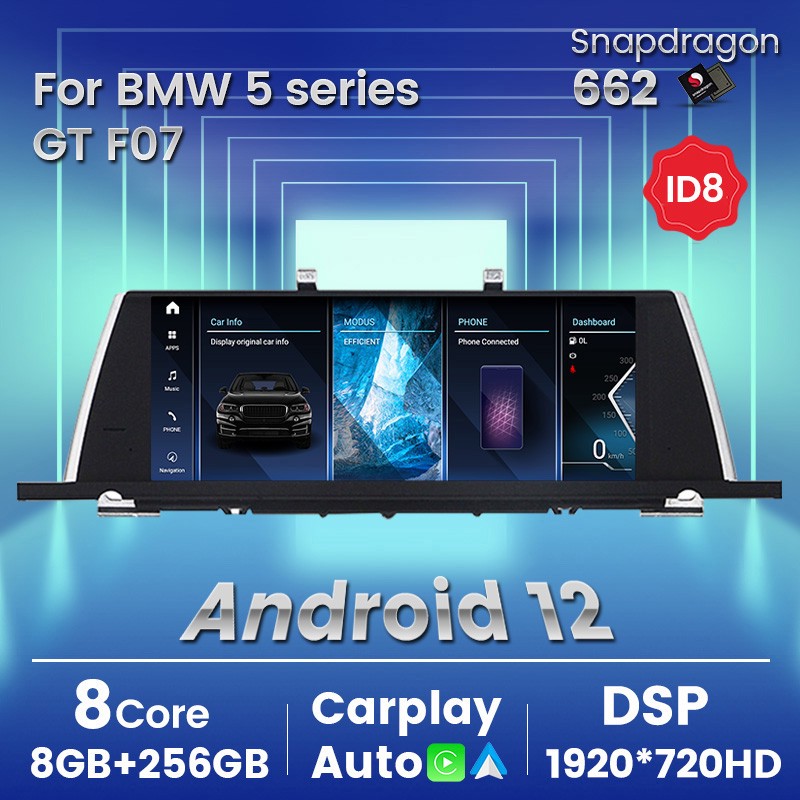 ID8 Qualcomm 662 Android 12.0 4G Let Auto Car DVD Player pour 5 Serie F07 GT 2009-2016 GPS NAVIGATION CONTRÔLE VOCIE WIFI DSP Carplay