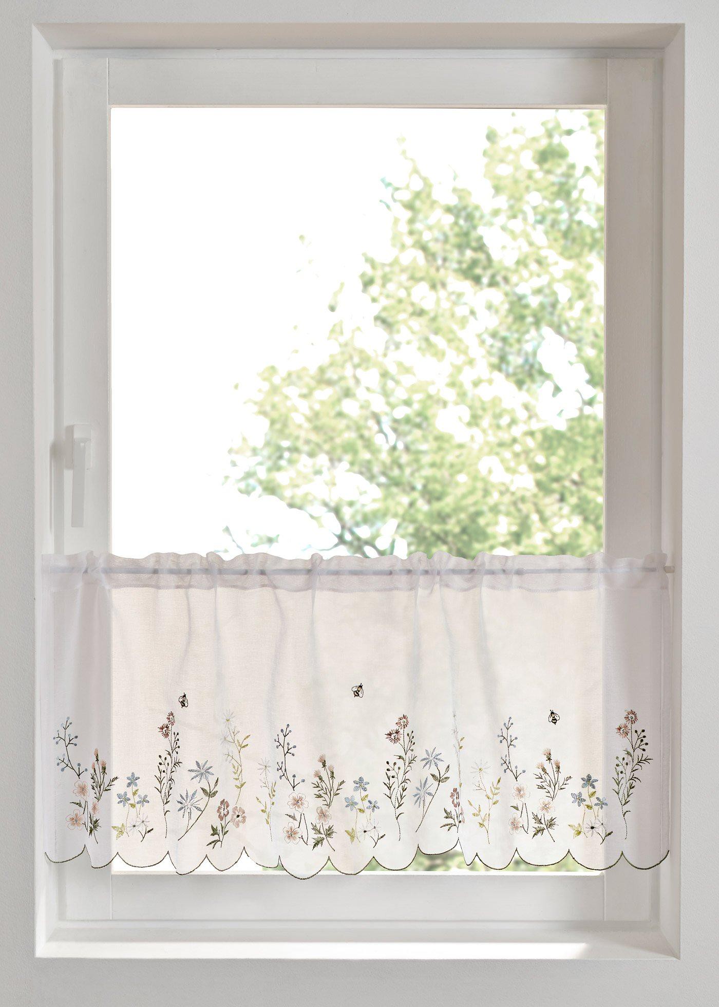 Scheibengardine mit Blumen Stickerei