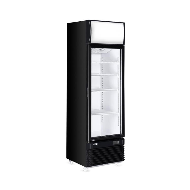 HENDI Getränkekühlschrank 313 Liter mit Glastür 62 x 67 x 196,5 cm LED 4 Regalböden 4 Rollen schwarz, Gastro Bar Kühlschrank Flaschenkühler