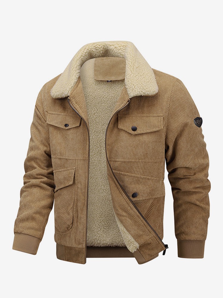 Plus Size Corduroy Jacket For Men Fleece Lining Winter Coat With Four Front Flap Pockets