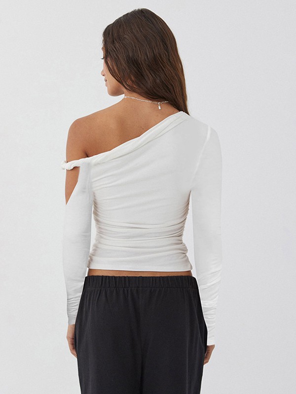 Ruched Long Sleeve Top Asymmetrical One-Shoulder Spring T-shirt For Women 2025