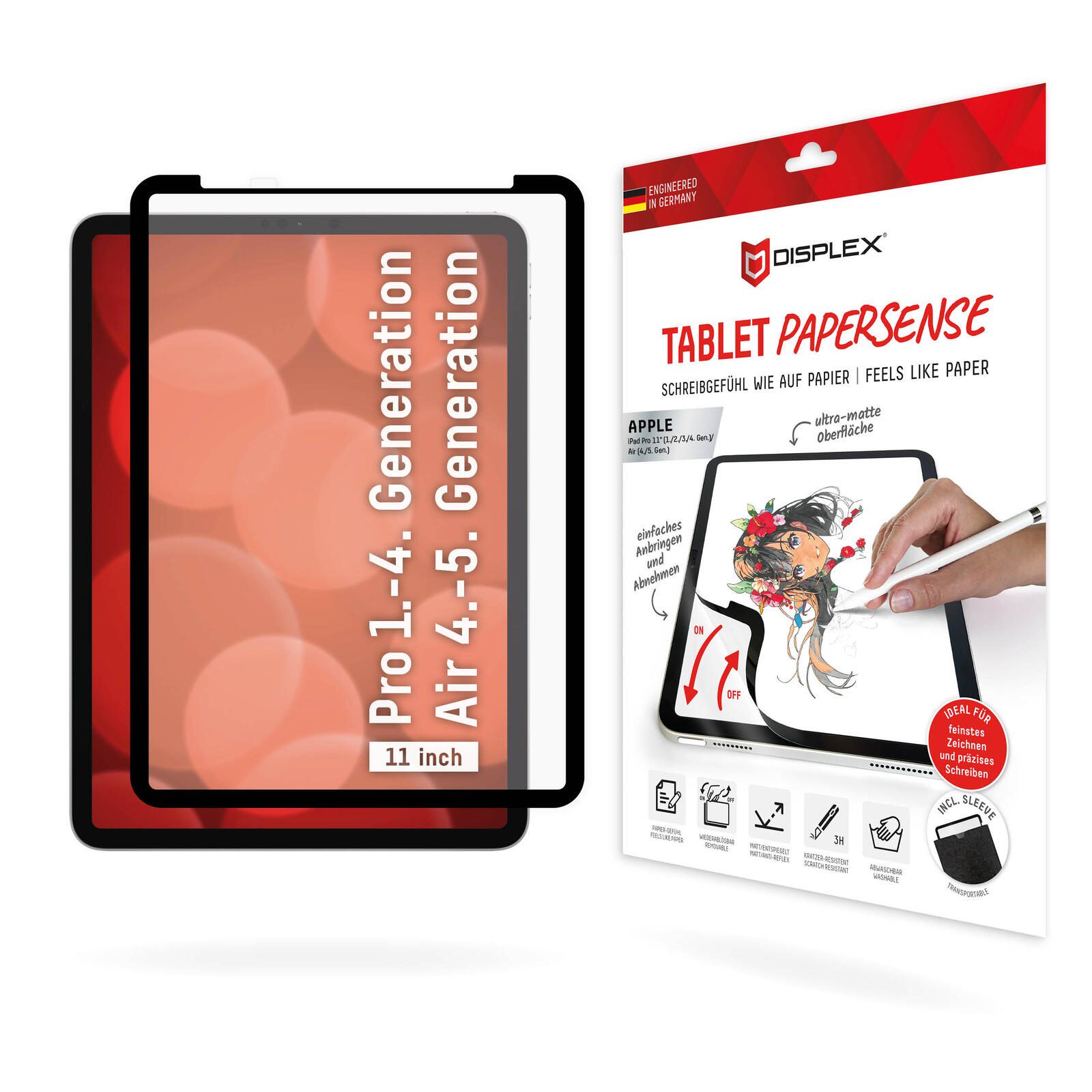 DISPLEX TABLET PAPERSENSE für iPad Pro 11'' (1./2./3./4. Gen.)/Air (4./5. Gen.), wiederablösbare Schreibfolie und Zeichenfolie mit Paper Feeling