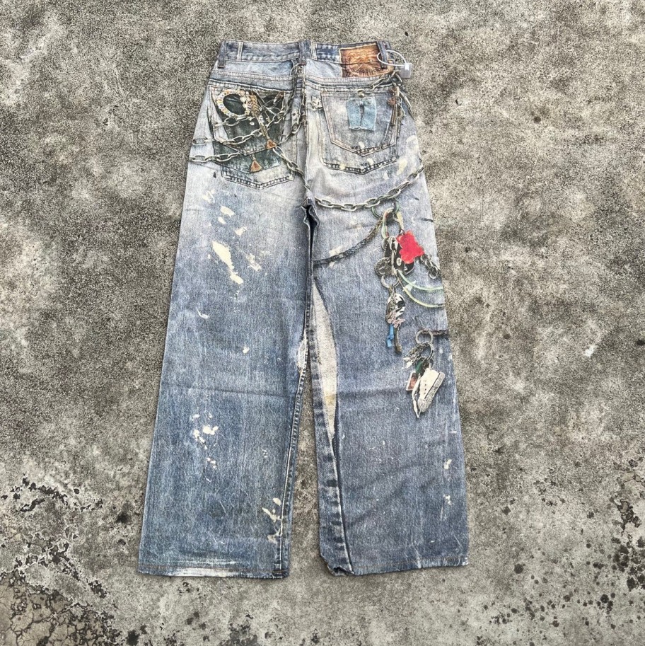Designer Jeans 3D Chaîne d'impression numérique Keychain Splash-Ink Graffiti détruise le pantalon droit en vrac pour femmes Unisexe High Street H
