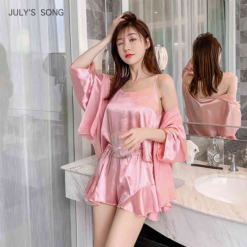 Sleepwear 3 pcs Faux Soie Pyjama Femmes Satin Satiné Sans couture Speep Heatwear Rose Solide Summer Spring Vêtements de nuit Femele Pijama Ensemb