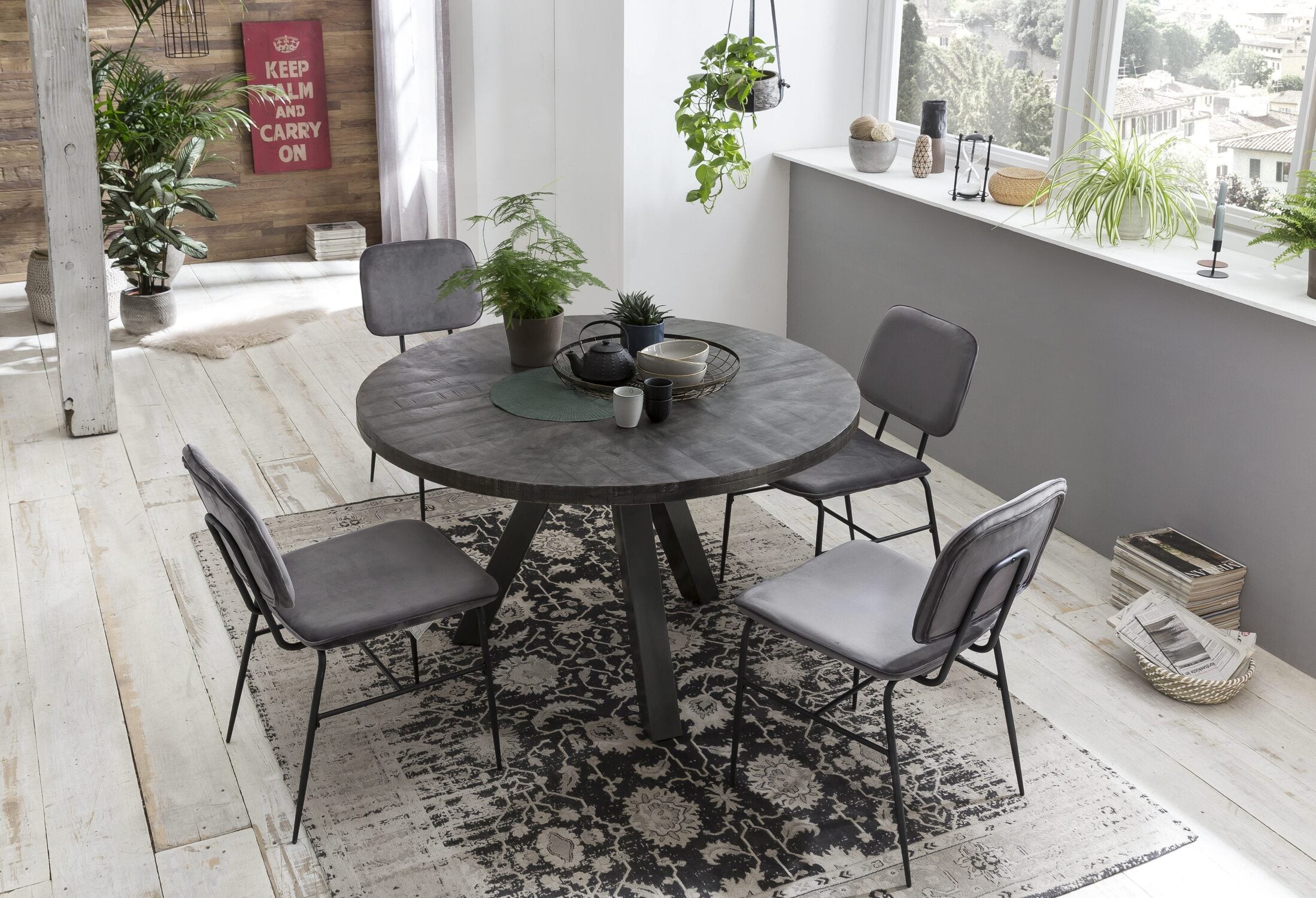 TPFLiving Tisch Ballarat 120x120 cm Platte Mango, Beine Metall Platte natur, Beine Gun Metal-grau - grau