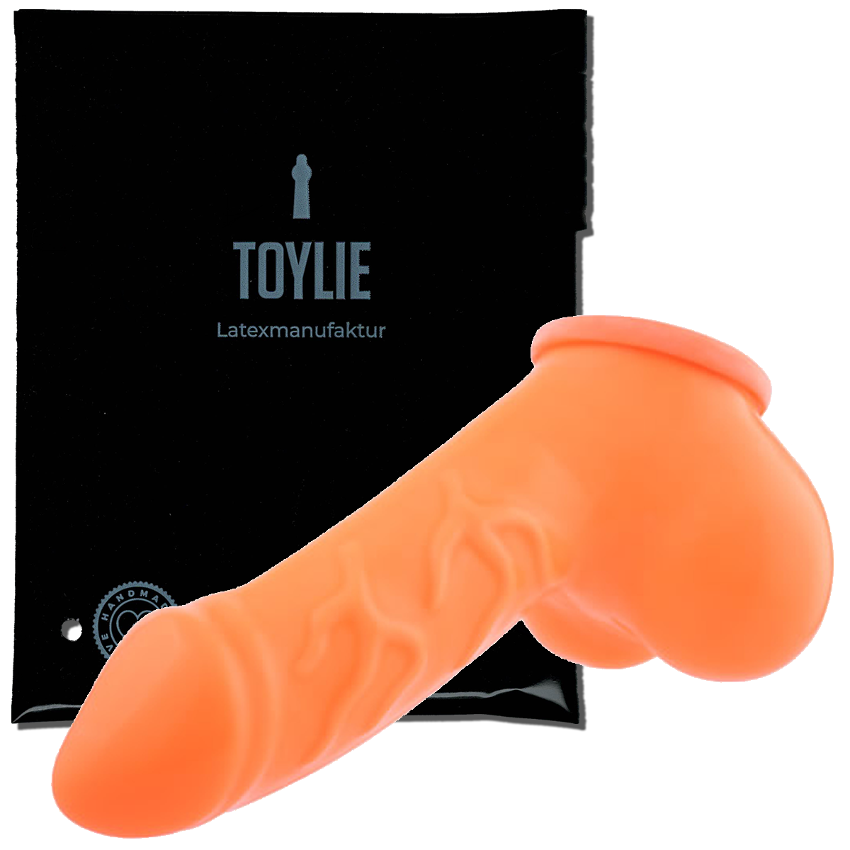 Toylie Latex-Penishülle «DANNY» neon-orange, mit starker Äderung und Hodenteiler