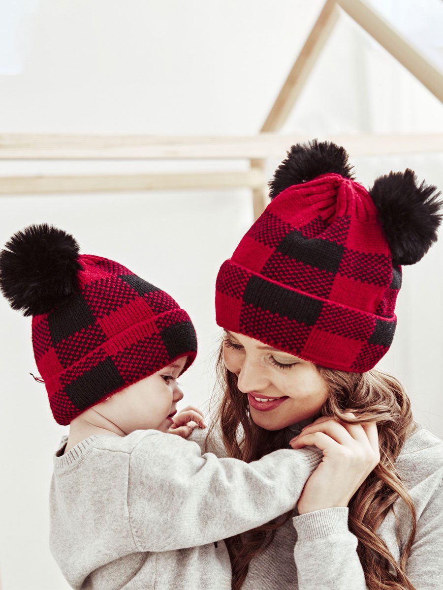 Chapeau Noël Pour Femmes Enfant Pompoms Plaid Hiver Chaud Accessoire