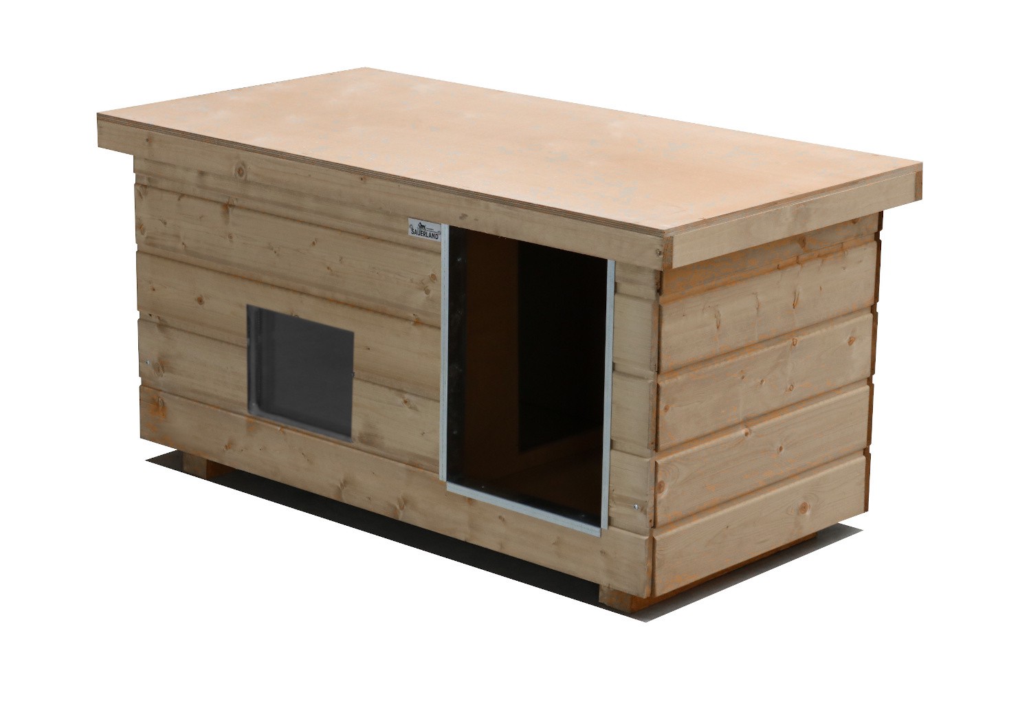 Original SAUERLAND Holz-Hundehütte mit Vorraum und Fenster, naturbelassen | Flac...