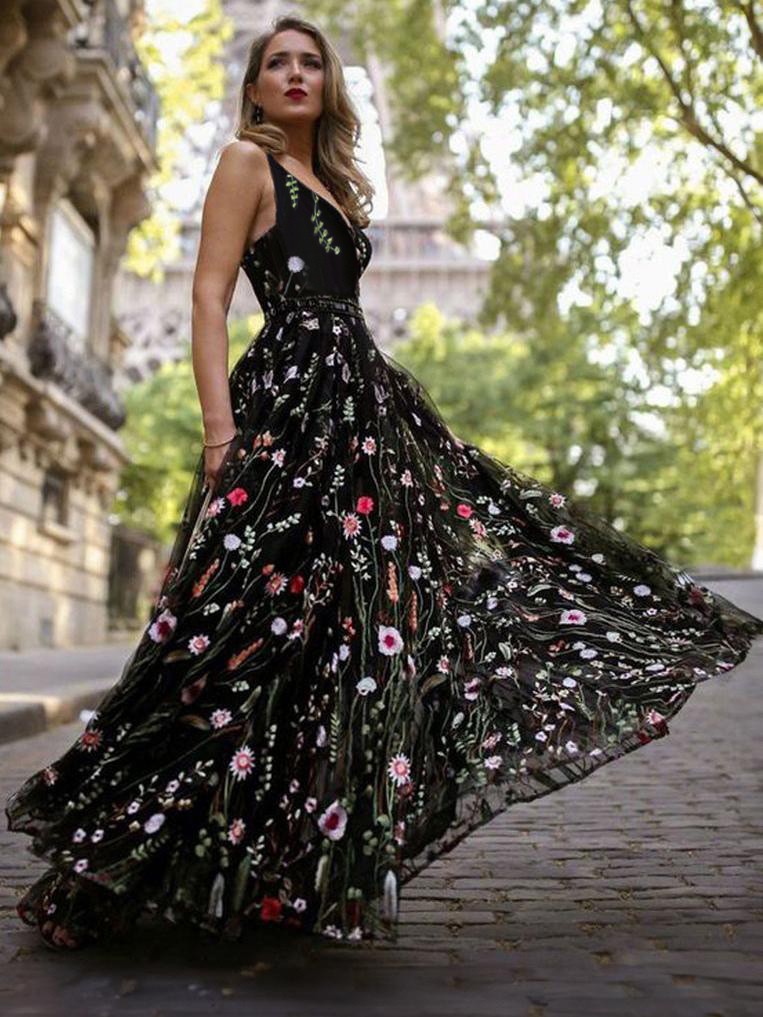 Maxikleid Schwarz Sommerkleider lang ärmellos V-Ausschnitt Damenmode maxi kleid Tüll mit tiefem Rückenausschnitt und Stickereien für Sommer Kleider