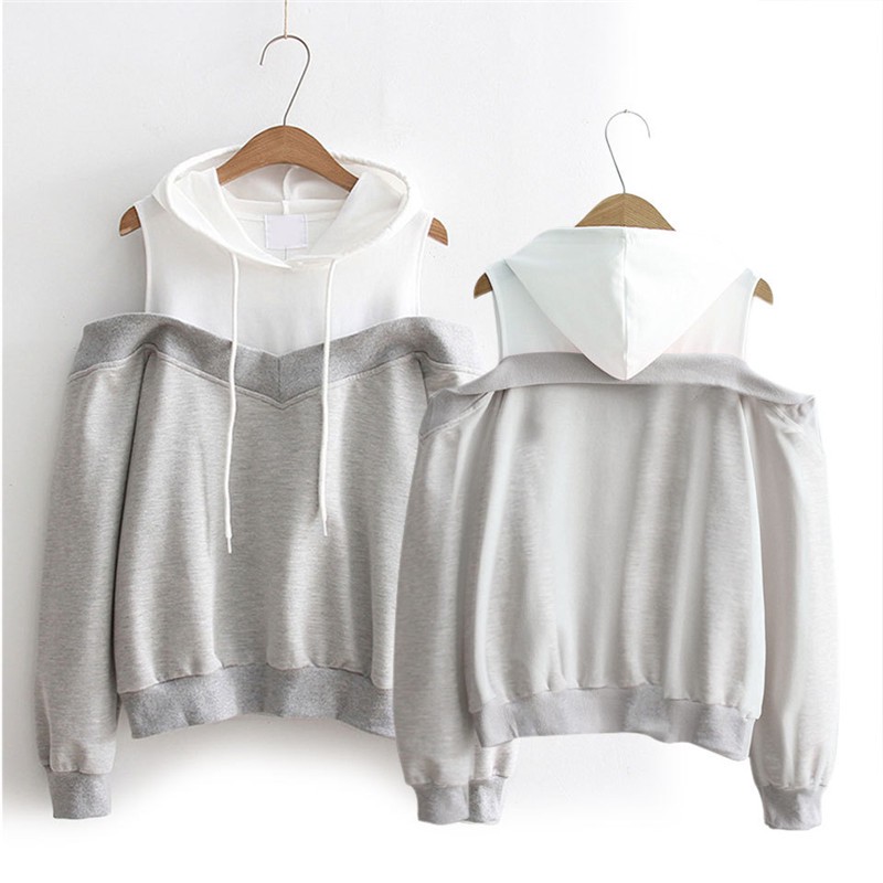 Hoodies Women Sweatshirts Young Girls Sexy Off Shoulder Double Color Hoodie Sweatshirt Patchwork Hooded Top Coat