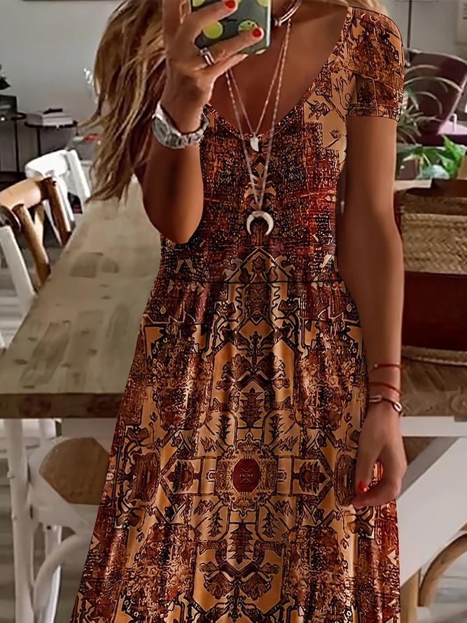 Damen Casual Geblümt Sommer Print Mikroelastizität Täglich Weit Maxikleid Kurzarm Kleider