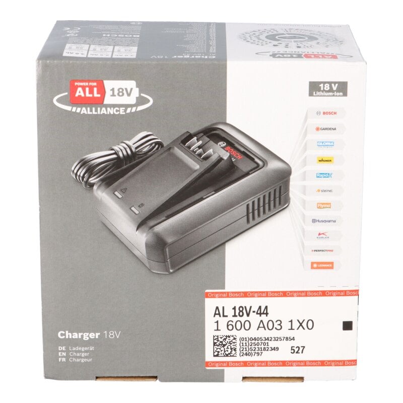 Bosch Schnellladegerät AL 18V-44 18V System 4,4A Ladestrom, Akku-Ladezeit 2,0/2,5/4,0/6,0 Ah: 34/44/59/87 min integrierte Wandhalterung
