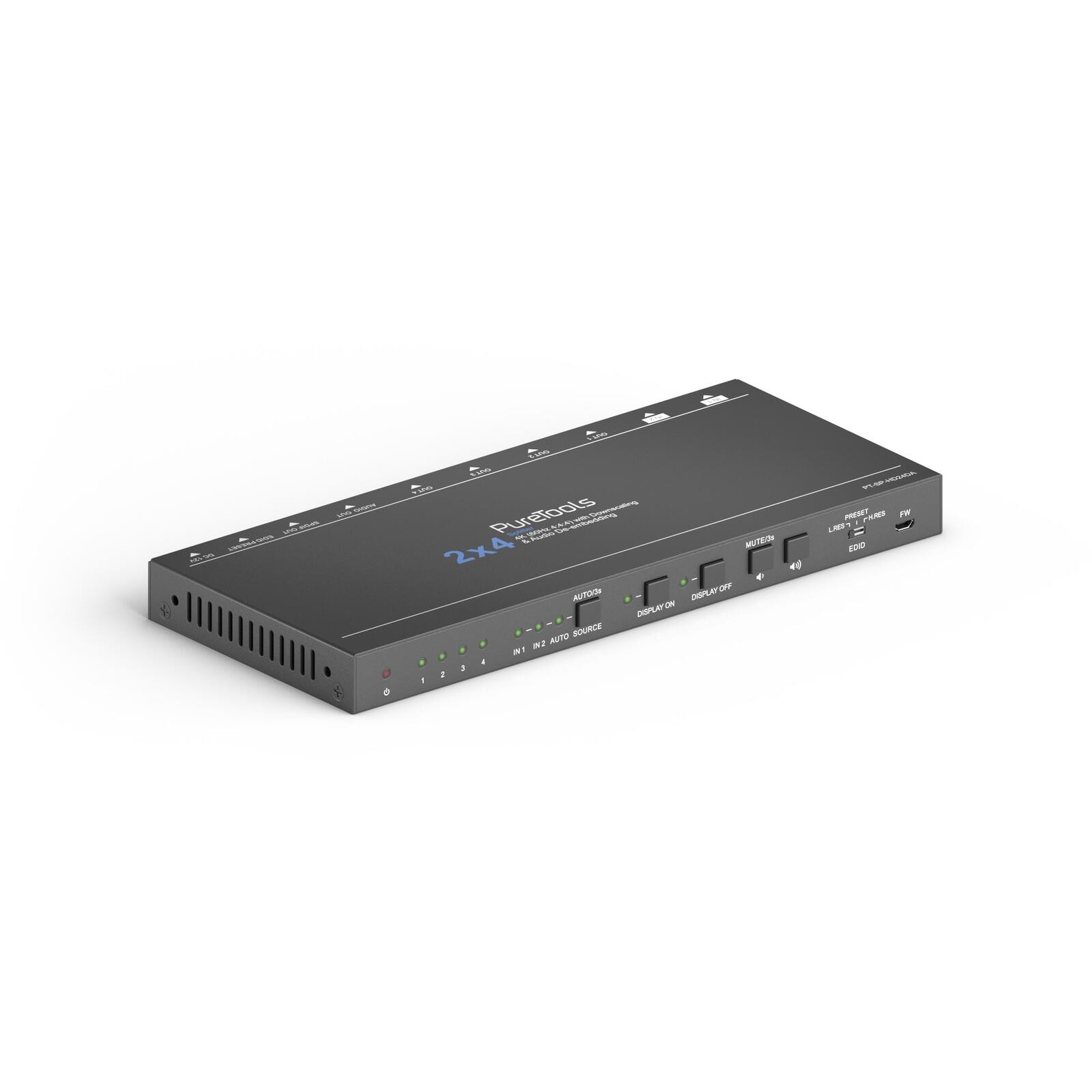 PureTools - HDMI Splitter 2x4, 4K (60Hz 4:4:4) mit Down-Scaling, Audio und EDID Management