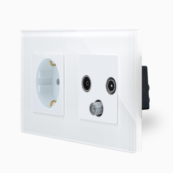 Glas TV/SAT/FM RADIO Durchgang + Steckdose Weiß Luxus-Time