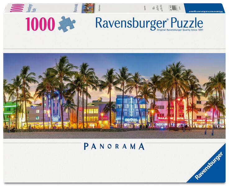 Ravensburger Puzzle 12001710 - Nachtlichter am Ocean Drive - Panorama-Puzzle 'Miami Beach' mit 1000 Teilen für Florida-Fans ab 14 Jahren