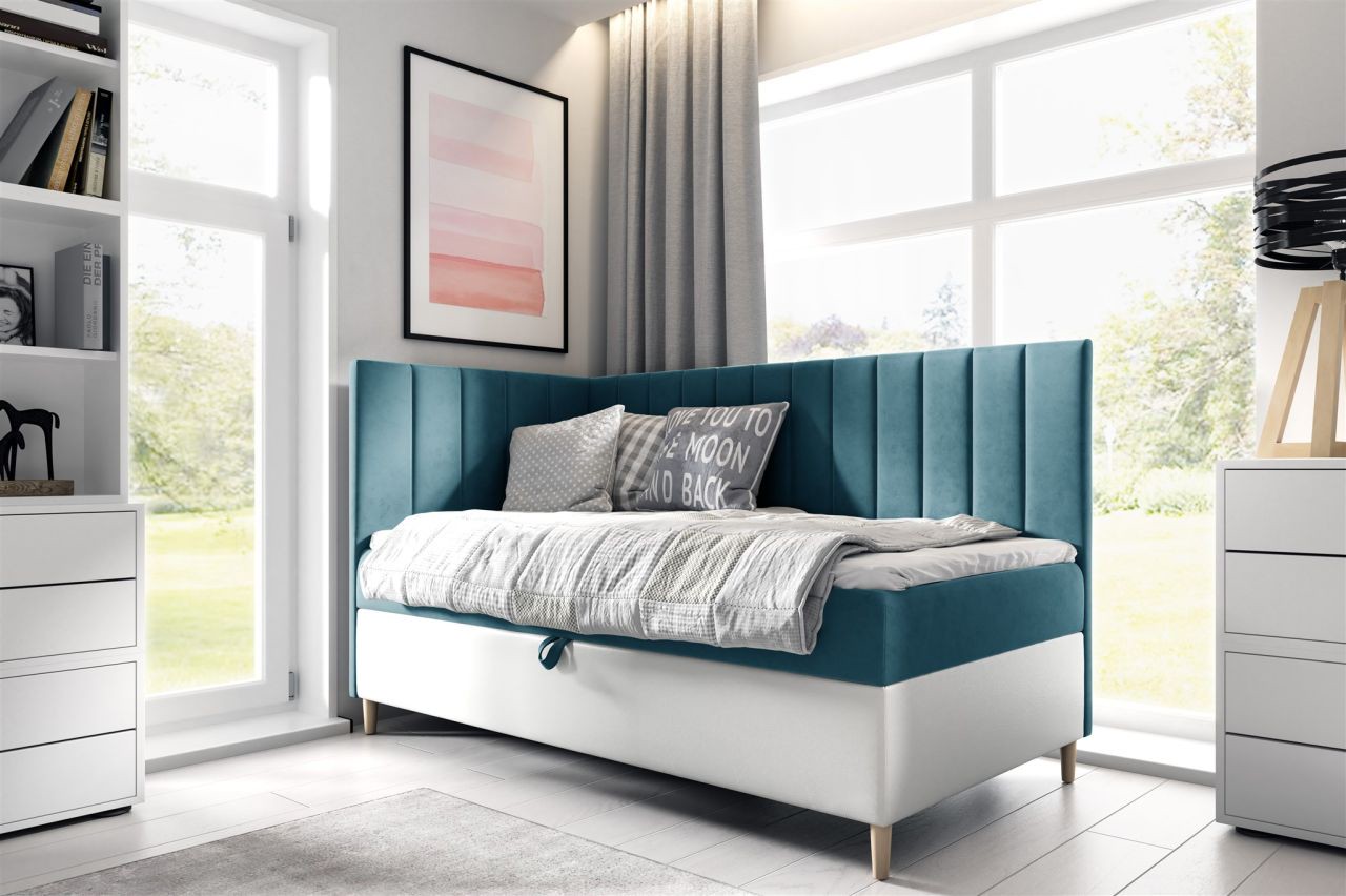 Boxspringbett Gästebett Kinderbett HELVI Nr.3 100x200cm Weiss-Türkis Seite Links