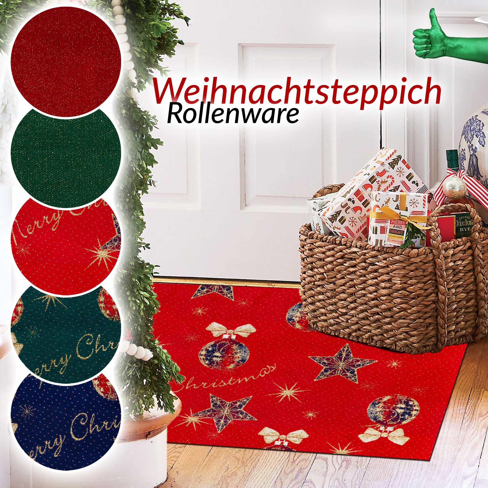 Weihnachtsteppich Weihnachtsfußmatte Teppichläufer Weihnachten Flurläufer auch als Dekoration Merry Christmas Grün 50x100cm