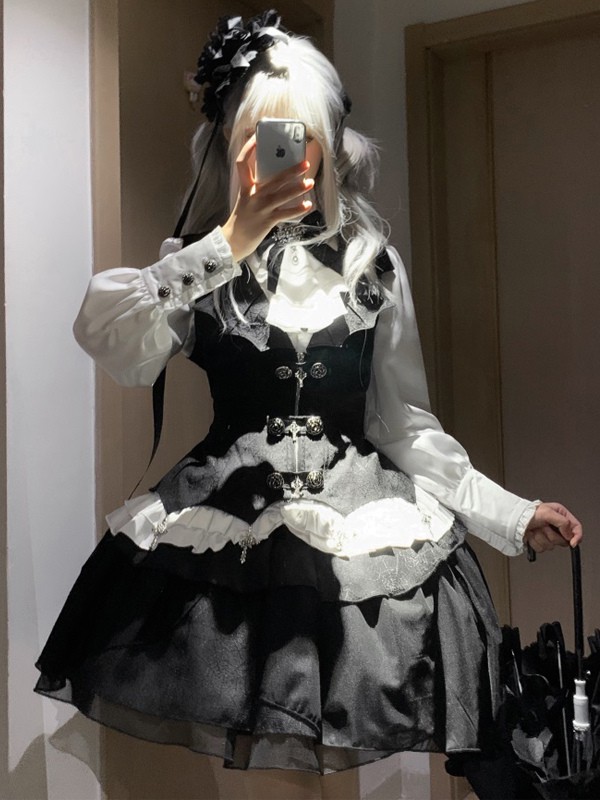 Gothic Lolita Outfits Schwarze Jacquard Rüschen Langarm Top Weste
