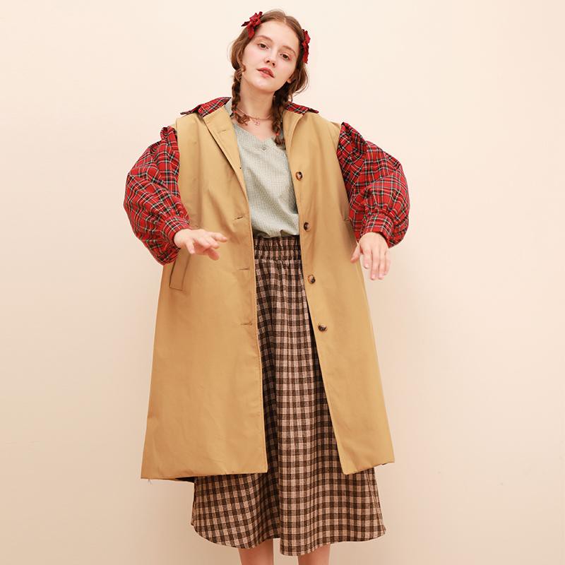 Women's Trench Coats 2021 Autumn Winter Scottish Plaid Sleeve Girl Korean Fashion Loose Puff Turn-down Collar Windbreaker Women Trenchcoat
