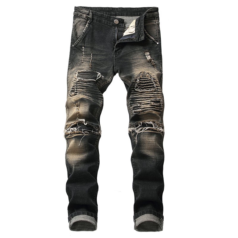 Men Casual Jeans Distressed Panelled Vintage Ripped Patchwork Denim Knee Holes Vintage Washed Destroyed Jeans